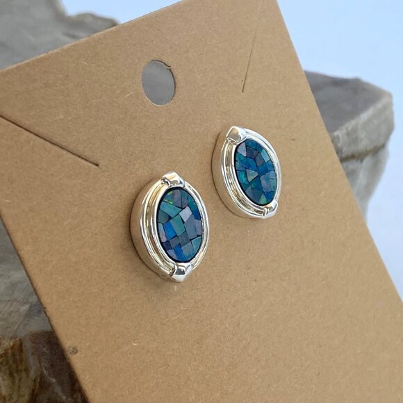 Sterling Silver 925 Michelle Albala Mosaic Blue Opal Inlay Oval Stud Earrings - Picture 12 of 16